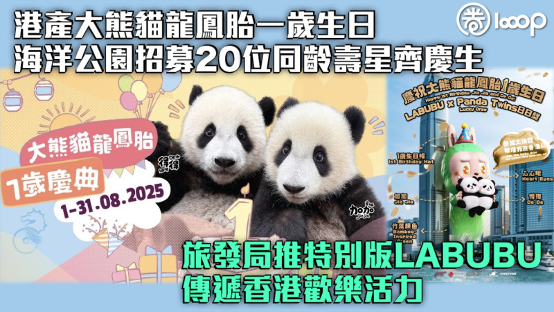 【港產大熊貓龍鳳胎一歲生日】海洋公園招募20位同齡壽星齊慶生 旅發局推特別版LABUBU傳遞歡樂活力