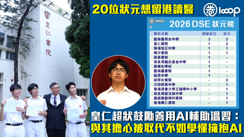 【DSE放榜】20位狀元想留港讀醫 皇仁超狀鼓勵善用AI輔助溫習：與其擔心被取代不如學懂擁抱AI